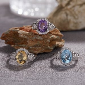 S925 Sterling Silver Natural Topaz and Amethyst Gemstone Ring